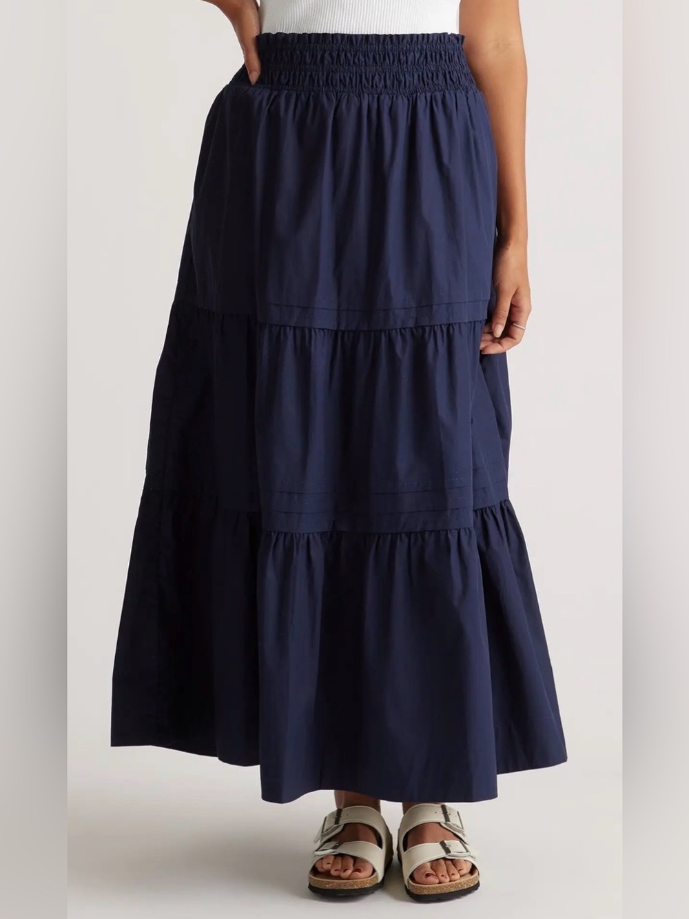 Quince 100% Organic Cotton Poplin Tiered Maxi Skirt in Navy